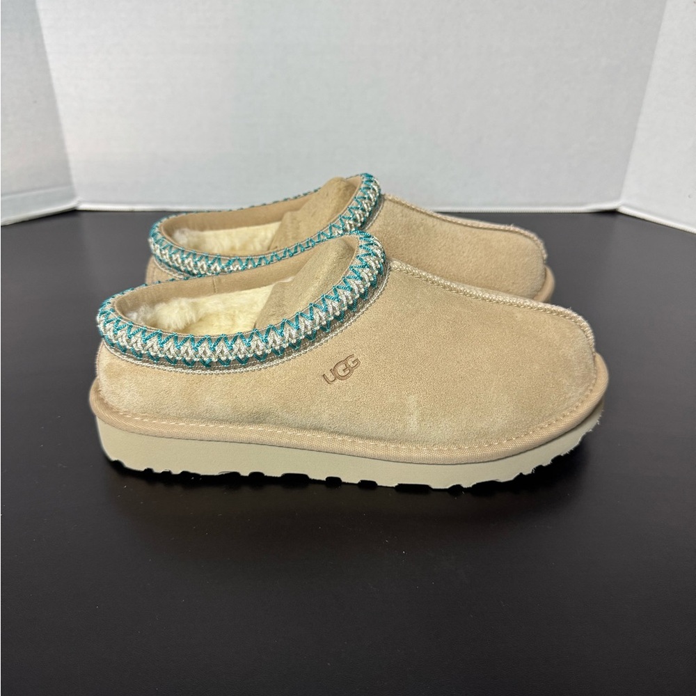 UGG Driftwood/White Pepper Suede Shearling Clog Slippers with Teal Trim